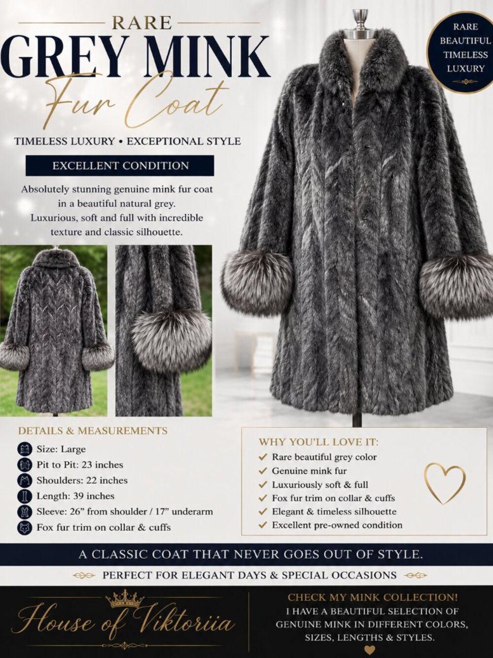 Rare Blue Gray Mink Fur Coat Fox Collar Cuffs Women’s L Luxury Exclusive